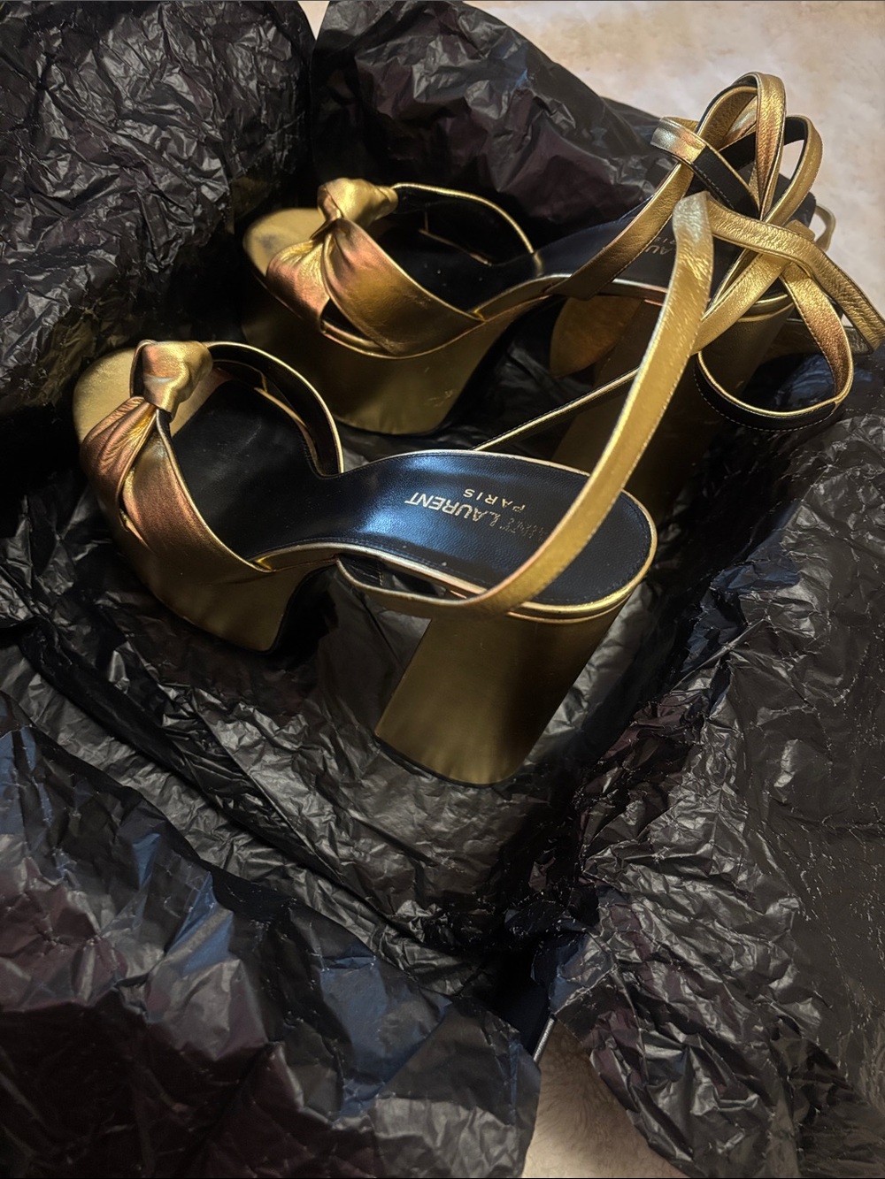 Saint Laurent Gold PAIGE Platform Wrap-Heel Sandals - Picture 3 of 8